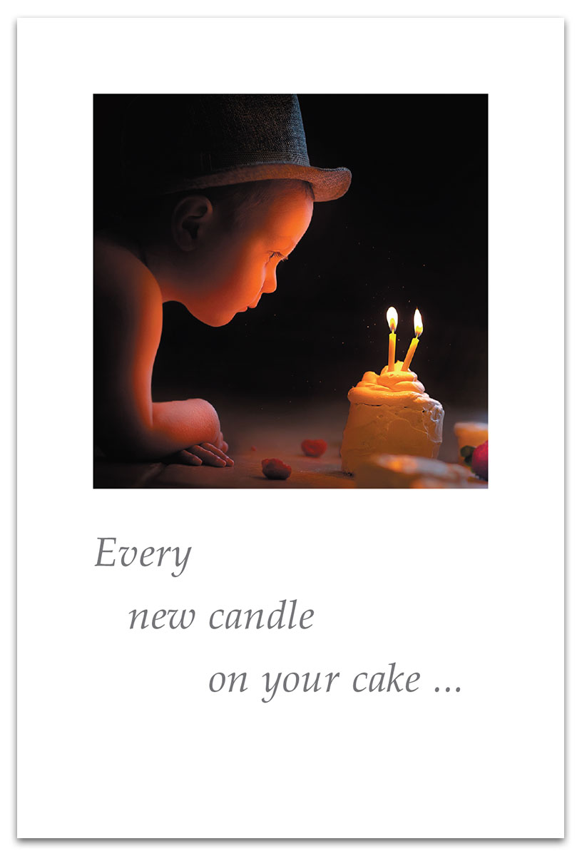 Baby eyeing candle birthday card.