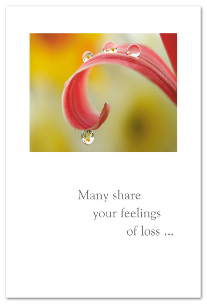 Dewdrops on petal condolence card.