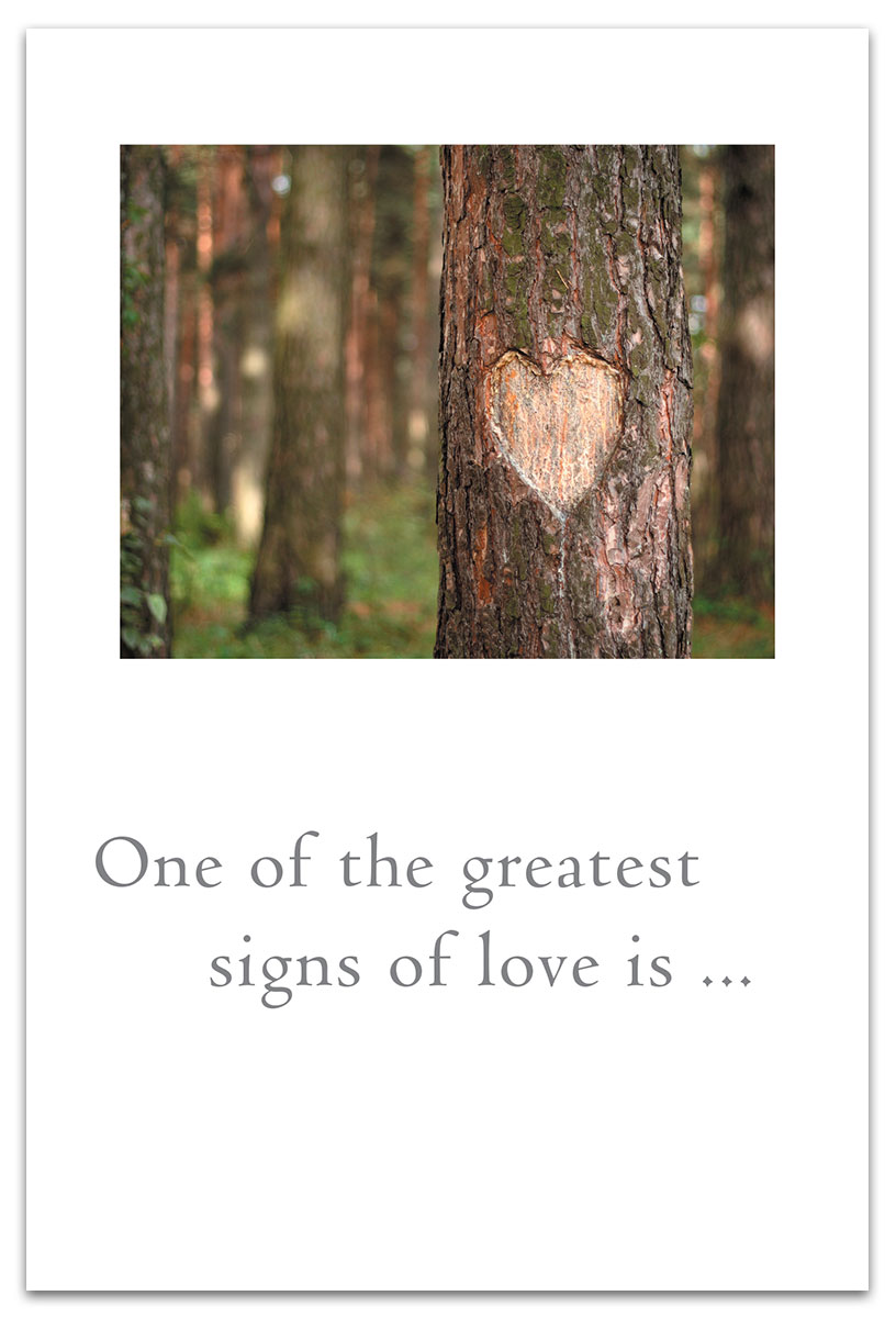 heart carved on tree engagement card.
