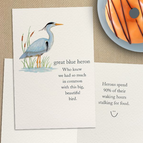 ALT="Cardthartic heron card from Meanings of Life collection, with a donut on a plate in upper right corner"