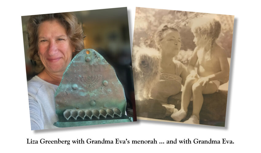 ALT="Liza Greenberg with antique menorah for Hanukkah and with Grandma Eva"